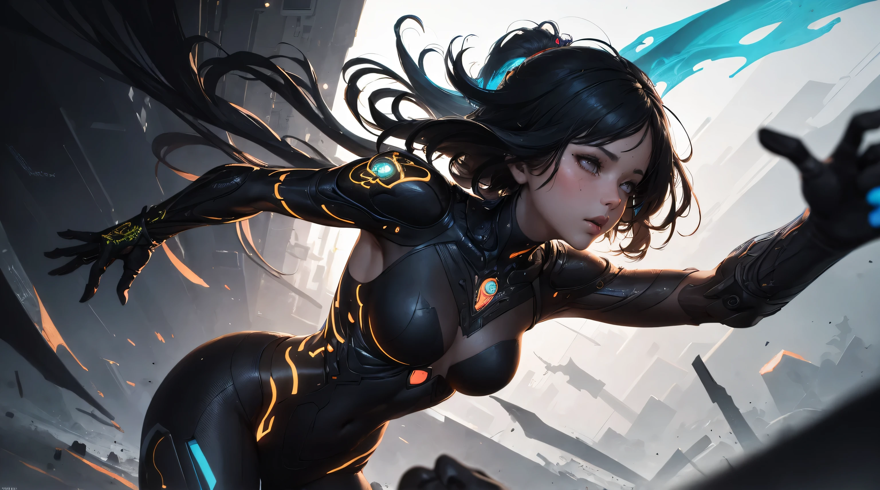 anime painting of cute asian cyberpunk female, shapeless cyberpunk hair, armor pieces, dynamic pose, elegant pose, bright colors, art by Carne Griffiths and Wadim Kashin Concept art, cyberpunk background, abstract beauty, near perfection, pure form, Golden Ratio, minimalism, unfinished, concept art, By Brian Froud and Carne Griffiths and Wadim Kashin, intricate detail, 8k post-production, High resolution, super Detail, trending on ArtStation, sharp focus, studio photos, intricate detail, Very detailed, By Greg Rutkowski