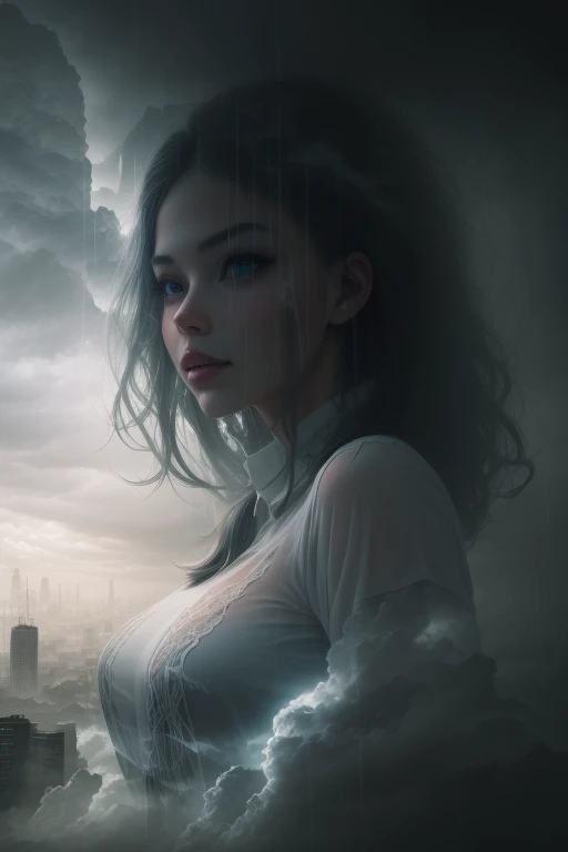 [foggy cityscape in the distance : very pretty girl, city:0.33] immersed in a giant flow of wind, living in a thunder cloud, behind the cloud, (double exposure:1.3), mist, surreal dream, gray atmosphere, rainy day, dynamic, lut, hdr