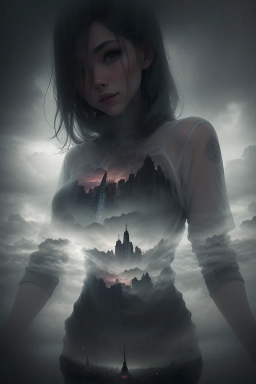 [foggy cityscape in the distance : very pretty girl, city:0.33] immersed in a giant flow of wind, living in a thunder cloud, behind the cloud, (double exposure:1.3), mist, surreal dream, gray atmosphere, rainy day, dynamic, lut, hdr