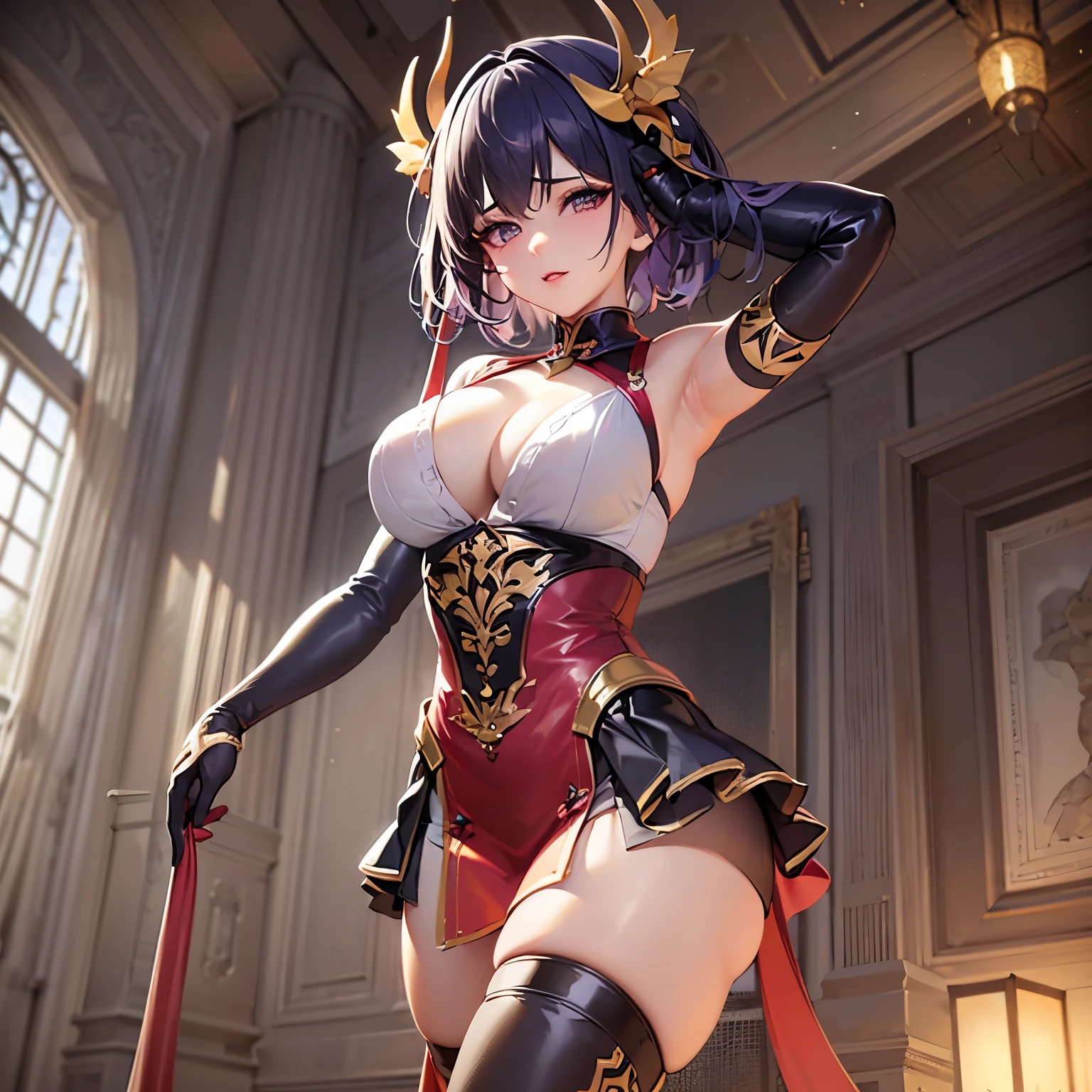 ((Raw photography,top-quality,hight resolution,Ray tracing,nffsw,Best Quality,Post-processing,portlate.3D,PureErosFace_V1:0.7,),(( Shiny dark red leather bondage outfit,golden luxury embroidery,Dark red BDSM,mistress,Bold figure,tight skirts,)))((((short hair hair,Emphasize cleavage,huge tit:4.0,Thin leg,Otto's eye,Elaborate depiction of limbs,a small nose,Have a perfect body,sleeveless,)))),((tthin eyebrows,long eyelashes,smil,二重まぶた,Vibrant eyes,looking down on viewers,red lipsticks,)),Create beautiful light effects on the background,Light Particle Filter,(finerly detailed face:1.3),chies