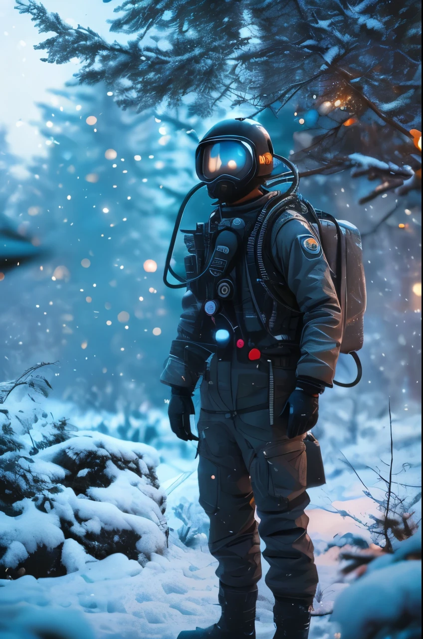 a person in a 1945 deep-sea diver outfit standing in the snow near a tree, artem demura beeple, beeple and tim hildebrandt, beeple style, realism | beeple, beeple daily art, cinematic beeple, beeple art, 3 d render beeple, beeple and mike winkelmann