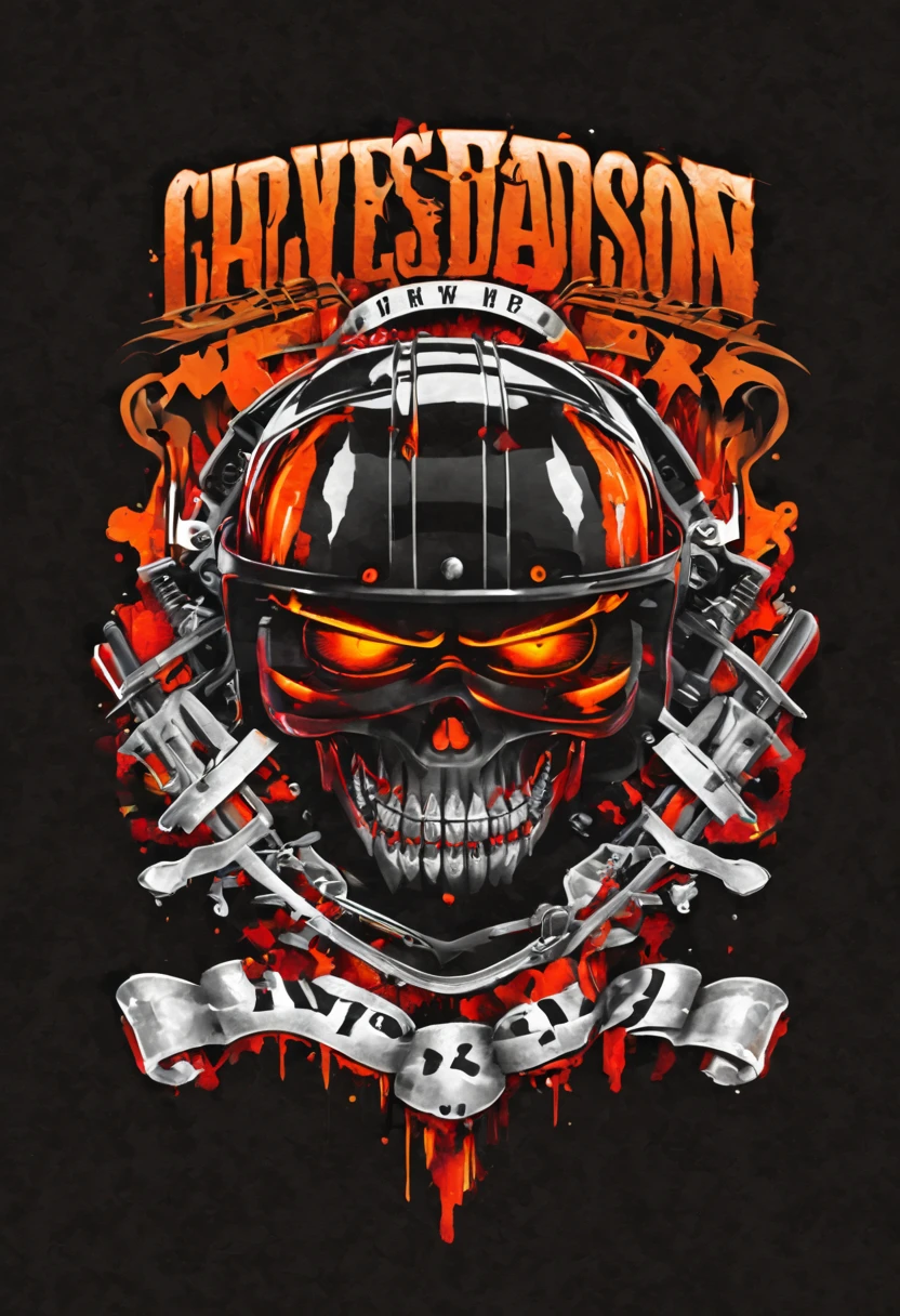 Harley Davidson logo design,t shirt design,beefy style,design only,white background,no model,professional,high contrast,high-res,ultra-detailed,vivid colors,metallic accents,sharp focus,edgy,dynamic composition,gritty texture,rough brush strokes,mechanical elements,chrome effect,classic typography,retro style,distressed look,aggressive lines and curves,3D rendering,striking visual impact,dark shadows,strong branding presence,monochromatic palette,industrial aesthetic, helmet samurai