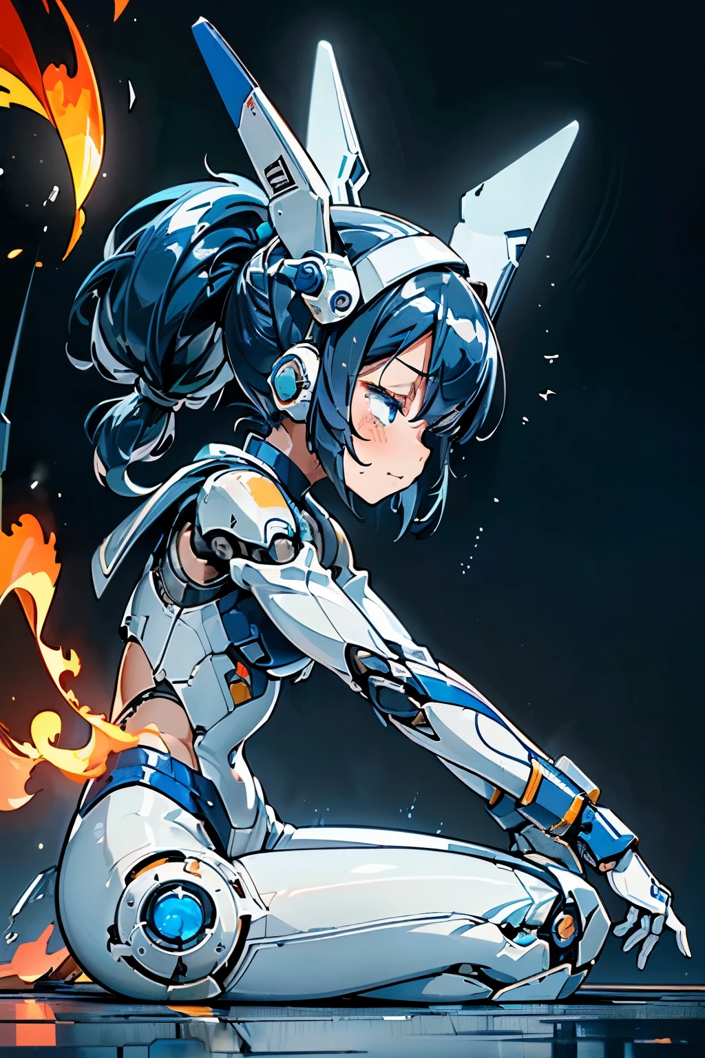 (((masterpiece))), loli robot, (loli:1.4), (Gamine:1.5), (Streamlined body based on pure white1.4), White and navy blue pilot suit, White and navy blue tight-fitting clothing, White and navy blue thigh cover pants, White and navy blue shoulder cover clothes, White and navy blue shiny clothes, Navy blue tight-fitting pants that hide the legs, (There are many cracks and scratches on the body and thighs.:1.4), (Many cracks and scratches on the body and thighs:1.4), (The fuselage overheated and exploded.:1.4), (オーバーヒートしたthe fuselage exploded:1.4), (The overheated fuselage spewed out a large amount of flame and exploded.:1.4), (The fuselage overheated and exploded.:1.2), (completely broken torso:1.5), (the fuselage exploded、A large amount of flame erupts from the cracks in the body and from the mouth.:1.4), (Mouth open:1.4), (Both eyes are closed:1.4), (Close both eyes:1.4), (Crying hard:1.4), (Dark blue hair ponytail:1.4), (Mechanical joints:1.4), (Machine body:1.4), (Get down on both knees on the floor:1.4), (From Side:1.4), (Looking away:1.4), mecha musume, Mechanical parts, Robot joints, Headgear