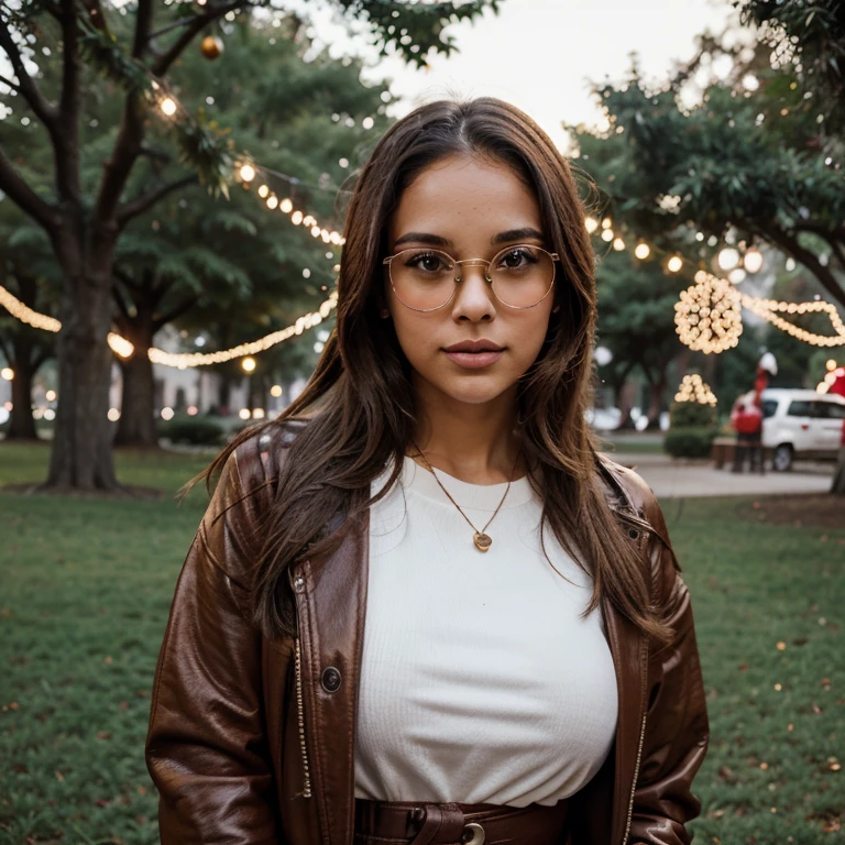 1 light-skinned 23-year-old woman, in a park with Christmas decorations in the background, lentes oscuros