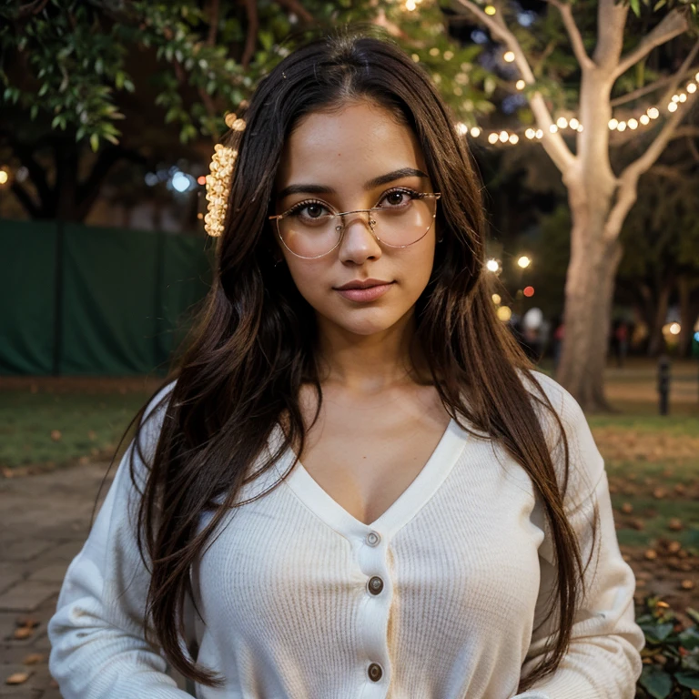 1 light-skinned 23-year-old woman, in a park with Christmas decorations in the background, lentes oscuros