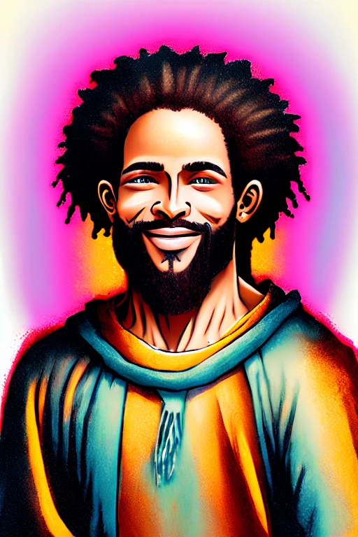 Qualidade de arte original, imagem de JESUS DEUS, ,negro Moreno mulato , corpo inteiro,cabelo afro jovem e bonito caindo para frente, Rasta,  Disney character animation style, type but braided, JESUS DEUS, standing posture, hands naturally placed on both sides, olhando para frente, soft smiling expression, olhos cheios de luz, luz de fundo azul, translucid, com luz como tema, the focus of light is on the characters, the overall picture is fresh and bright.