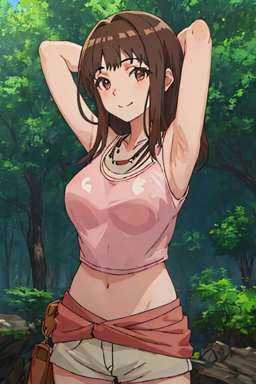 best quality, masterpiece, highres, solo, {itsuwa_toarumajutsunoindex:1.15}, brown_eyes, brown_hair, short_hair, 1girl, jewelry, necklace, long_hair, looking_at_viewer, close_mouth, upper_body, anime_coloring, shirt, contrapposto, spread armpit, arms behind head, solo, forest, night, smile,