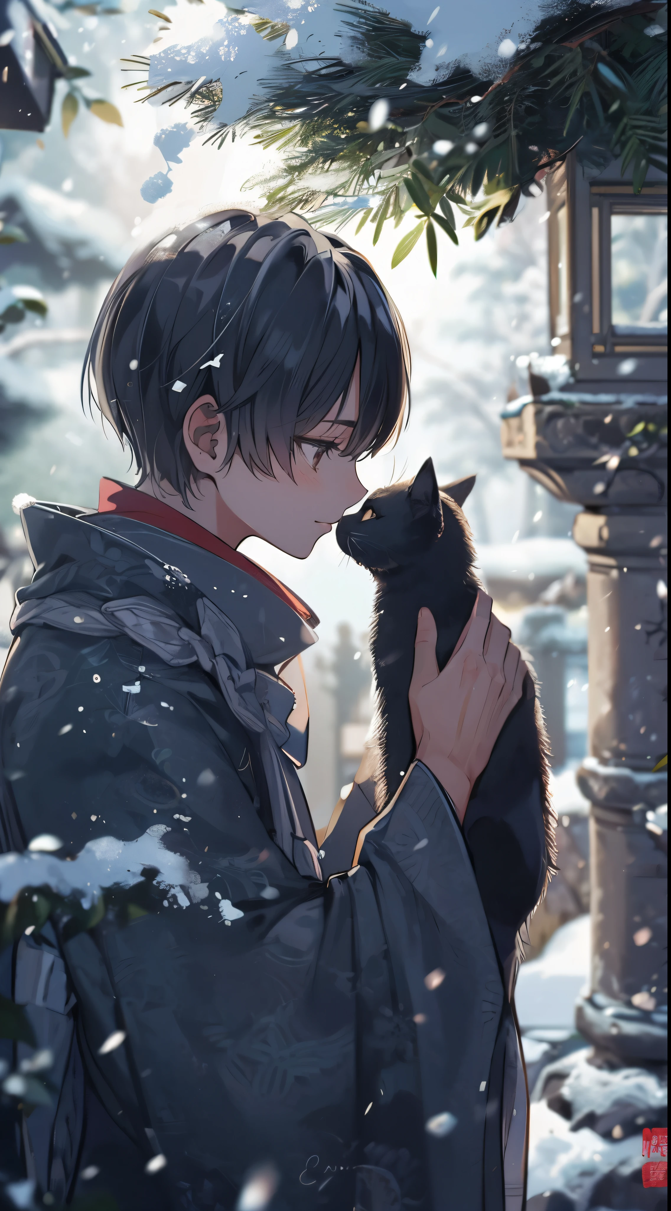 Handsome young man celebrating new year in traditional Japanese atmosphere. The moment just before picking up a black cat and kissing it. quiet garden covered in snow. In the garden there is a small pine tree and a snow-capped stone lantern., Softly illuminated by the early morning light of the New Year. Features smooth black hair, Styled in a classic style, Deep brown eyes that reflect the start of a new year full of hope.