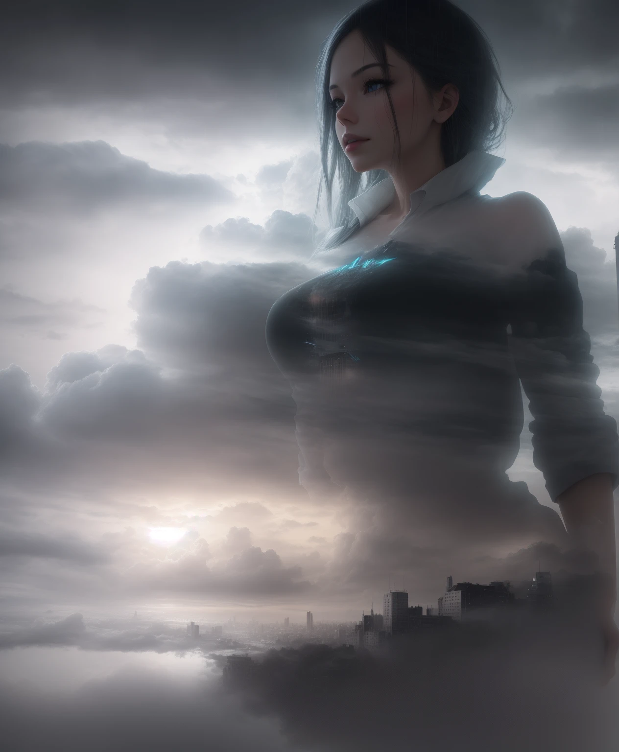 [foggy cityscape in the distance : very pretty girl, city:0.33] immersed in a giant flow of wind, living in a thunder cloud, behind the cloud, (double exposure:1.3), mist, surreal dream, gray atmosphere, rainy day, dynamic, lut, hdr