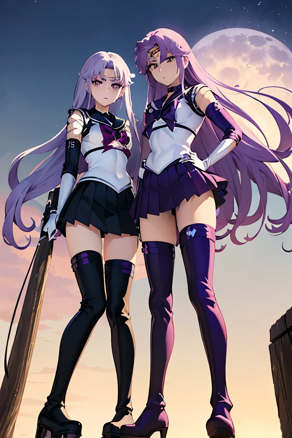 masutepiece, Best Quality, 1girl in, (Medusa),Purple hair, (black eyes:1.2),((Sailor Senshi))、((a miniskirt))、((embarassed expression))、((fullmoon))、((Photo from below))、((thigh high boots))、((Long))、((White Long Gloves))、