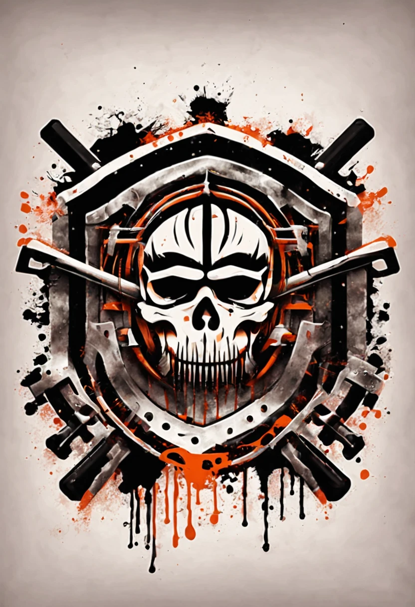 Harley Davidson logo design,t shirt design,beefy style,design only,white background,no model,professional,high contrast,high-res,ultra-detailed,vivid colors,metallic accents,sharp focus,edgy,dynamic composition,gritty texture,rough brush strokes,mechanical elements,chrome effect,classic typography,retro style,distressed look,aggressive lines and curves,3D rendering,striking visual impact,dark shadows,strong branding presence,monochromatic palette,industrial aesthetic, helmet samurai
