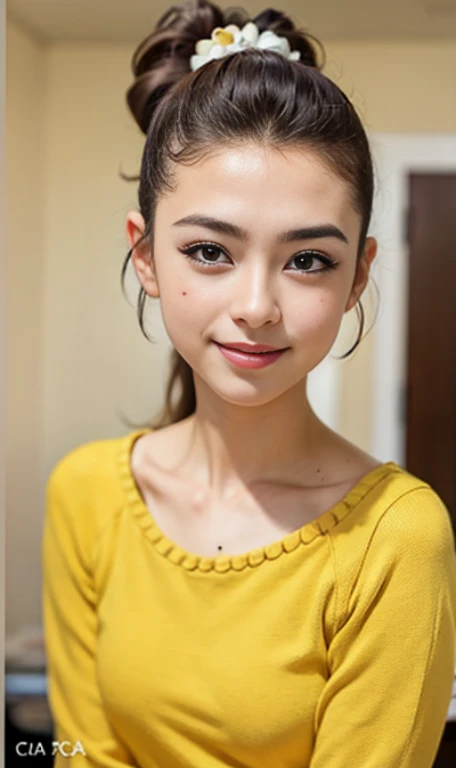 Photo of a 14 year-old american girl, .RAW, beautiful teenage girl, (Long brown hair with ponytail), light brown hair ponytail hairstyle((retrato)), ((Cara detallada:1.2)), ((Detailed facial features)), (Piel finamente detallada)  , (Masutepiece) (proporciones perfectaotos realistas)(La mejor calidad) (Detallado) fotografiado con una EOS R5 de Canon, Lente de 50 mm, f/2.8, NffSW, (8k) (papel tapiz) (cinematic lighting) (Dramatic lighting) (foco nítido) (Enrevesado) senos medianos , pechos medianos , muchas pecas en mejillas y nariz , pecas en pecho, cuerpo completo , hermoso cuerpo de adolesente,  lindo maquillaje , gran sonrisa  , chica delgada escultural , ojos azules  , Luan Loud , TLH , usa hermoso vestido largo amarillo
