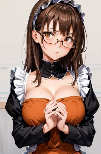 1girl, medium breast, medium-length brown hair, orange brown eyes, glasses, open forehead, maid uniform, hands folded on the chest, disgust look