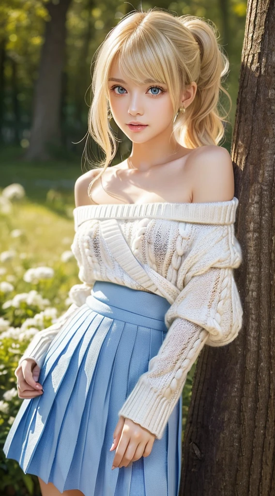bright expression、poneyTail、Young shiny shiny white shiny skin、Best Looks、The reflected light of dazzling white blonde hair、Super long blonde hair with dazzling highlights、shiny bright blonde hair,、Super long silky straight hair、Beautiful bangs that shine、Very beautiful bright light blue eyes that shine、very big eyes、Very beautiful lovely cute 16 year old blonde girl、Lush bust,Beautiful detailed light blue eyes, beautiful detailed nose,(( Full body:1.25)),Makeup that the eyes emphasize、((Mini pleated skirt with many folds)),(Women like Joan of Arc)、Knights, (((Big wooden cane))),Royal style,Comic style, , Sub-surface scattering, ornate detail, nature backdrop, Hyper-realistic, Cinematic, Dramatic Lighting, masutepiece、fluffy hair、((No shoulder knit sweater:1.3))、Ultra-exposed cleavage、((uses magic:1.3))、Gloss Face、cheek highlights、Teak Gloss、