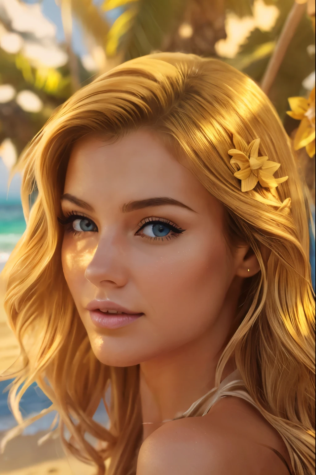 A girl lying on a sandy beach, enjoying the sunshine and the sound of waves. Beautiful detailed eyes, long eyelashes. She wears a colorful swimsuit and a straw hat. The sand is soft and golden, with intricate patterns created by the sea breeze. Crystal clear water gently lapping at the shore. The beach is surrounded by tall palm trees, providing shade and a tropical atmosphere. The sky is a vibrant blue, with fluffy white clouds scattered across. The sunlight casts a warm and soft glow on everything. The artwork is a masterpiece with ultra-detailed elements, capturing the beauty of a sunny day at the beach. The colors are vivid and the image has a realistic and photorealistic feel. The lighting is natural, with a soft and golden hue.