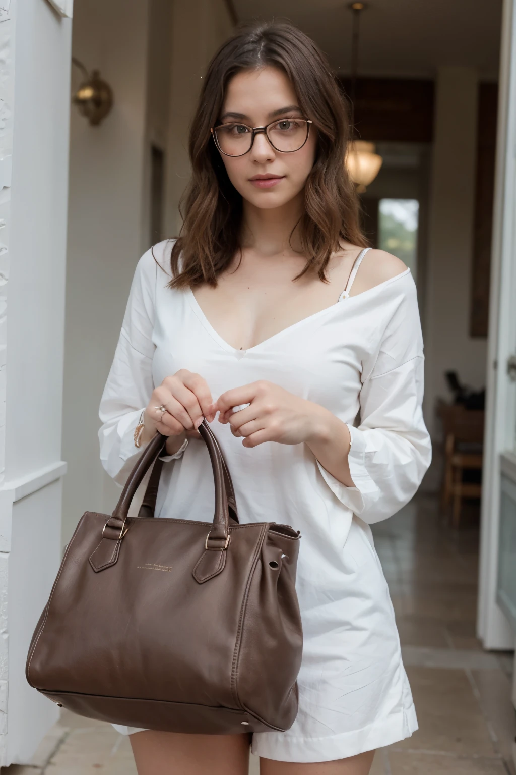 This is a sac rouge in a fond blanc, This is a rouge that has enormous glasses and white sparkles