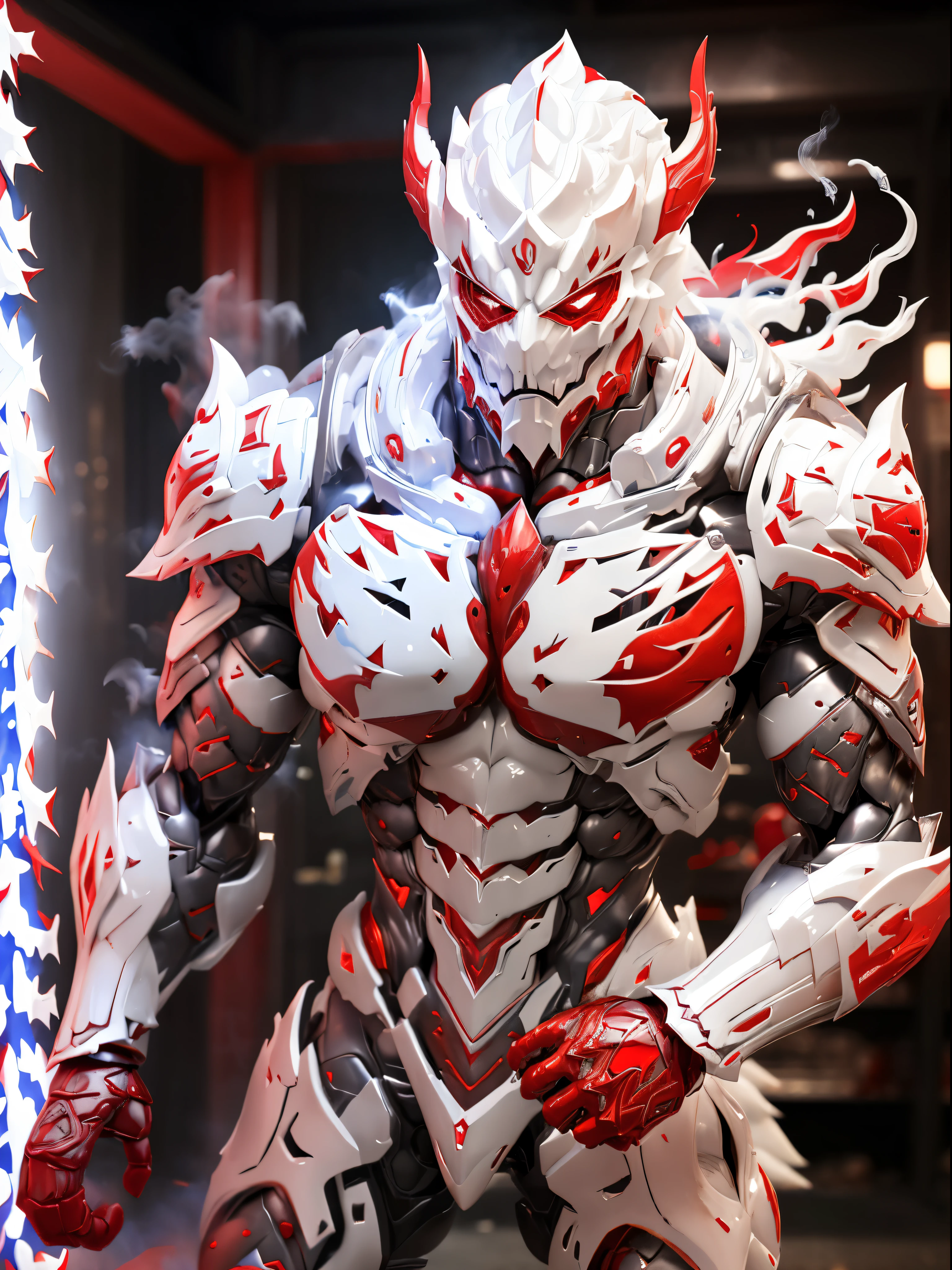 Ghost face, (red, white:1.5), DRAGON HEAD, HEAVY CRYSTAL ARMOR, TRANSPARANT, MUSCLE BODY, MUSCLE ABS, colourful smoke