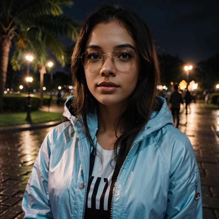 1 light-skinned 23-year-old woman, en un parque de noche lluviosa, lentes oscuros