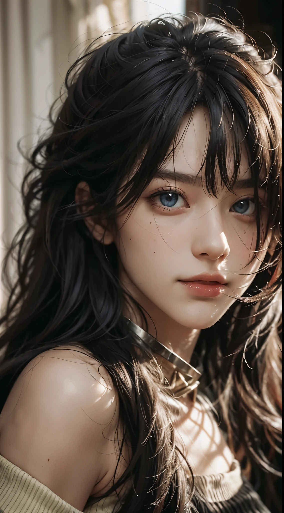 Best Quality, masutepiece, 超A high resolution, (Photorealistic:1.4), Raw photo, 1girl in, off shoulders, long pony hair, Indoor, Summer noon,Detailed eyes,(realisticeyes),delicated face,realskin,detailed hairs,Detailed skin,Beautiful face,
