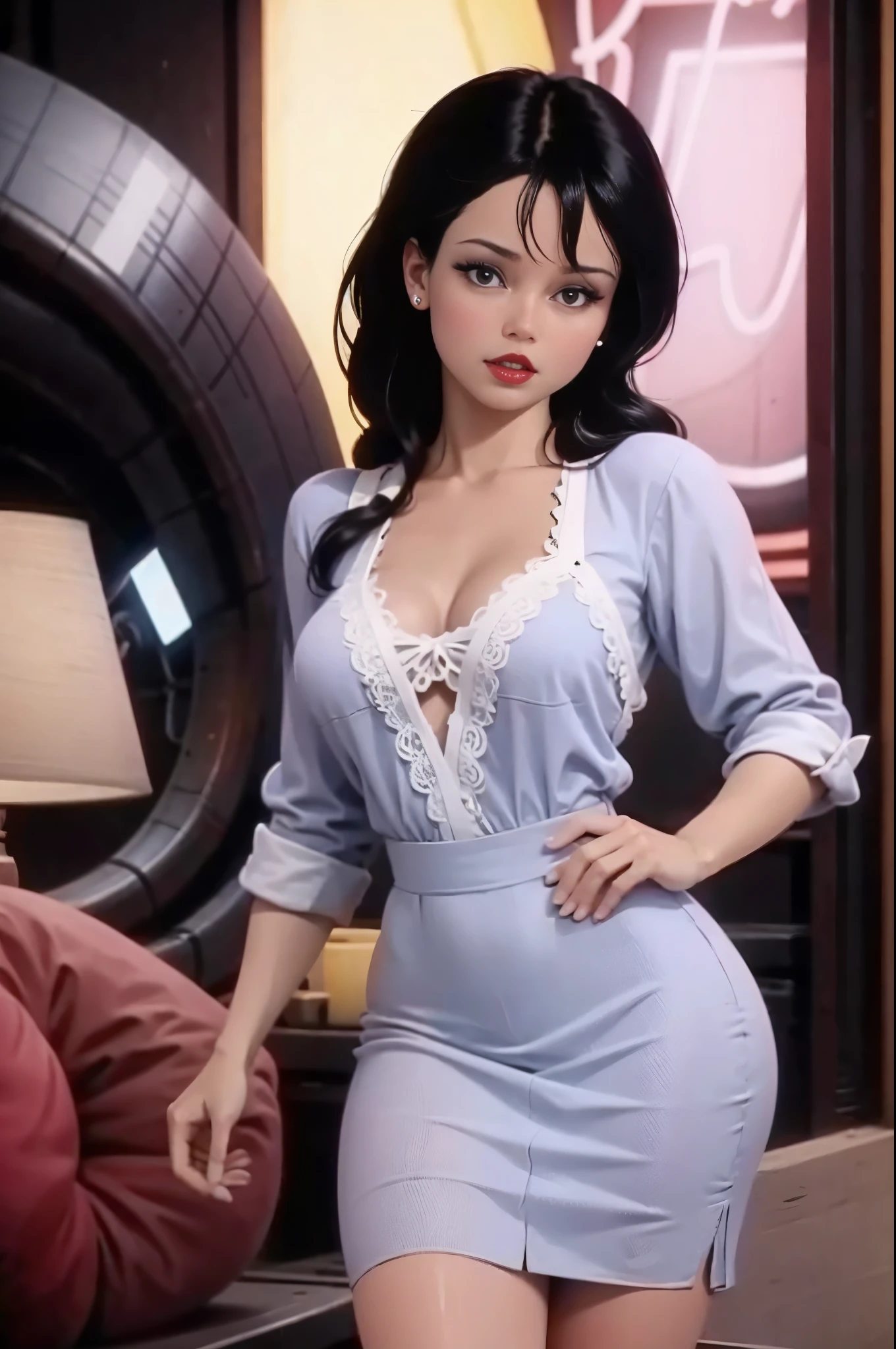 There's a beautiful, mulher sexy de 30 anos (Peta Jensen pov), cabelos longos cinza (cabelos grisalhos), nurse enfermeira, roupa branca justa, Blouse unbuttoned to the belly, completamente desabotoado, without the buttons, piercing na barriga, no-bra, does not wear a bra, belos seios enormes (Angela Big White)), Large melons, Mamalhuda, molhados e macios, suada, corpo molhado, suor escorrendo pelos seios, hands resting on the leg, close de cima, visto de cima, View from above, olhar de cima, olhar penetrante e sensual, nariz esnobado, boca entreaberta, carnudo, red lips, olhos azuis, pele clara, sardas, fogosa e lasciva querendo prazer, quadril largo, vestido bem curto justo, quadril largo, sentada em uma cama em um quarto de hospital, untidy sheets, quarto rico em detalhes, cinematic natural light, great contrast, Sombras, filtro, profundidade, anatomia feminina perfeita, 4k