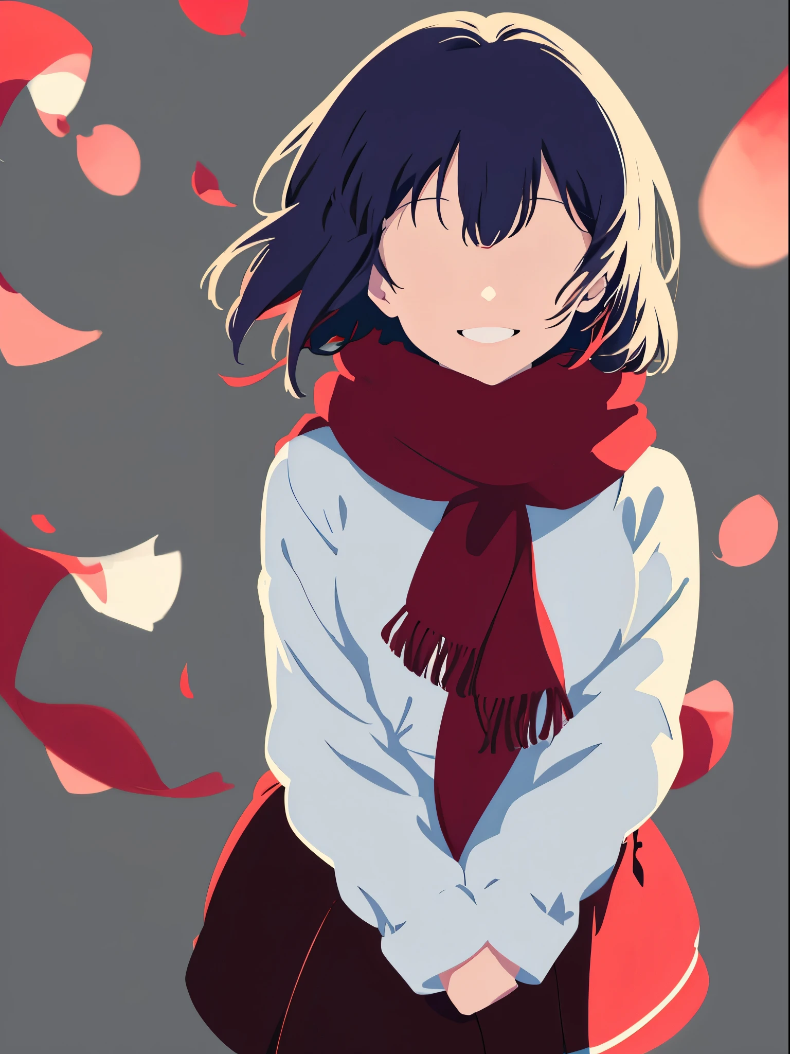 1girl,solo, facing viewer, looking at viewer, smile, short hair,red scarf,white sweater, winter