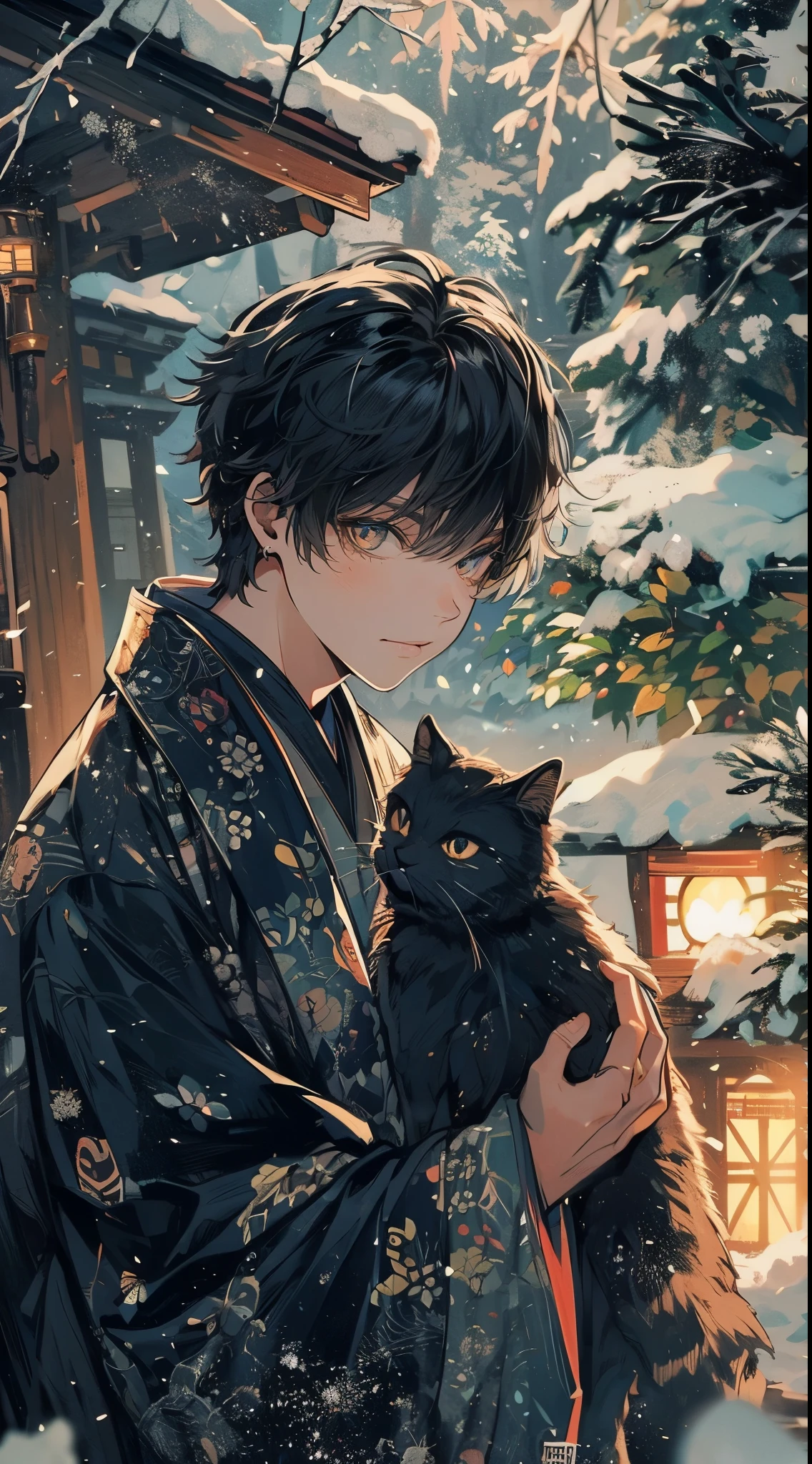 Handsome young man celebrating new year in traditional Japanese atmosphere. The moment just before picking up a black cat and kissing it. quiet garden covered in snow. In the garden there is a small pine tree and a snow-capped stone lantern., Softly illuminated by the early morning light of the New Year. Features smooth black hair, Styled in a classic style, Deep brown eyes that reflect the start of a new year full of hope.