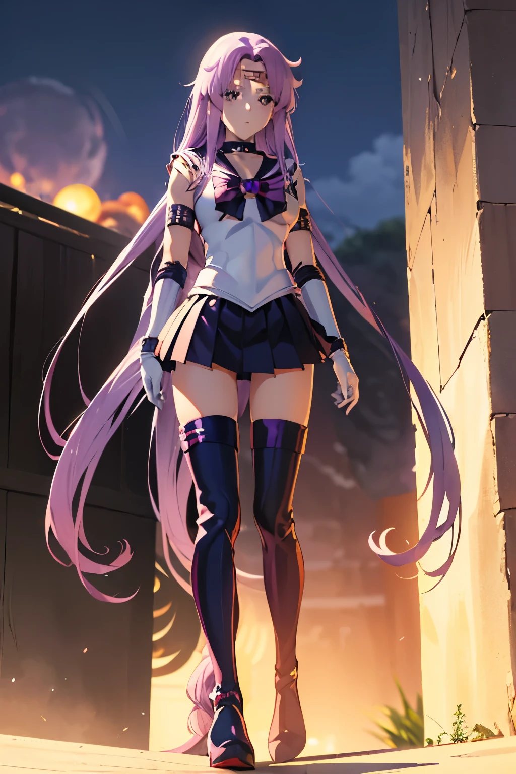 masutepiece, Best Quality, 1girl in, (Medusa),Purple hair, (black eyes:1.2),((Sailor Senshi))、((a miniskirt))、((embarassed expression))、((fullmoon))、((Photo from below))、((thigh high boots))、((Long))、((White Long Gloves))、