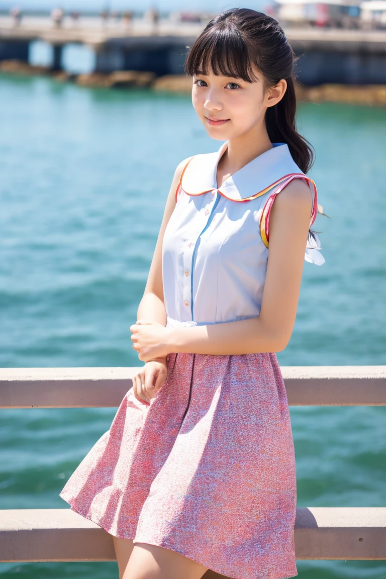 A beautiful girl wearing a summer dress with a plain collar and no tie at the waist.、15yo student、japanes、sea side、mediterranean、