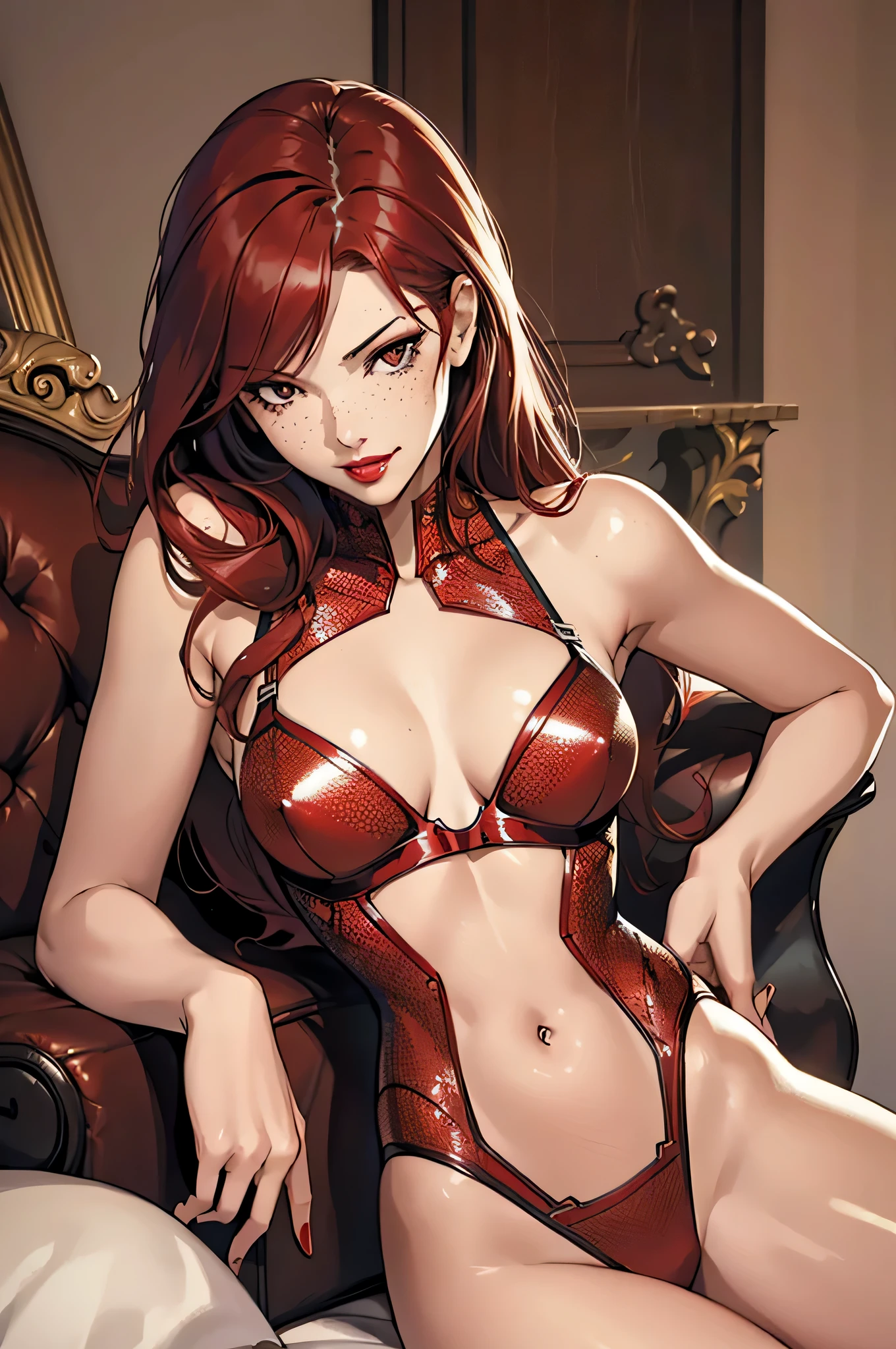 1girl,a beautiful fashion model ,(masterpiece, detailed background, best quality),shiny hair, red hair,smirk,juicy lips,red lips, lingerie, stripping, elegant makeup, exhibitionism, torn spiderman outfit, Persona3Mitsuru, art by j scott campbell, freckles, girl in a dynamic pse, shiny skin, confident expression, smirk, bodysuit, edgOrgasm,face focus,