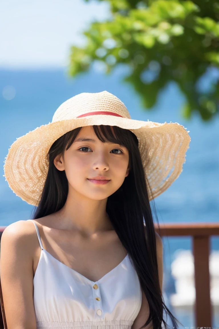 Beautiful girl in a white summer dress、12year old、japanes、Gazing at the sea from the deck of a ship、a straw fedora hat、Black hair straight long hair、