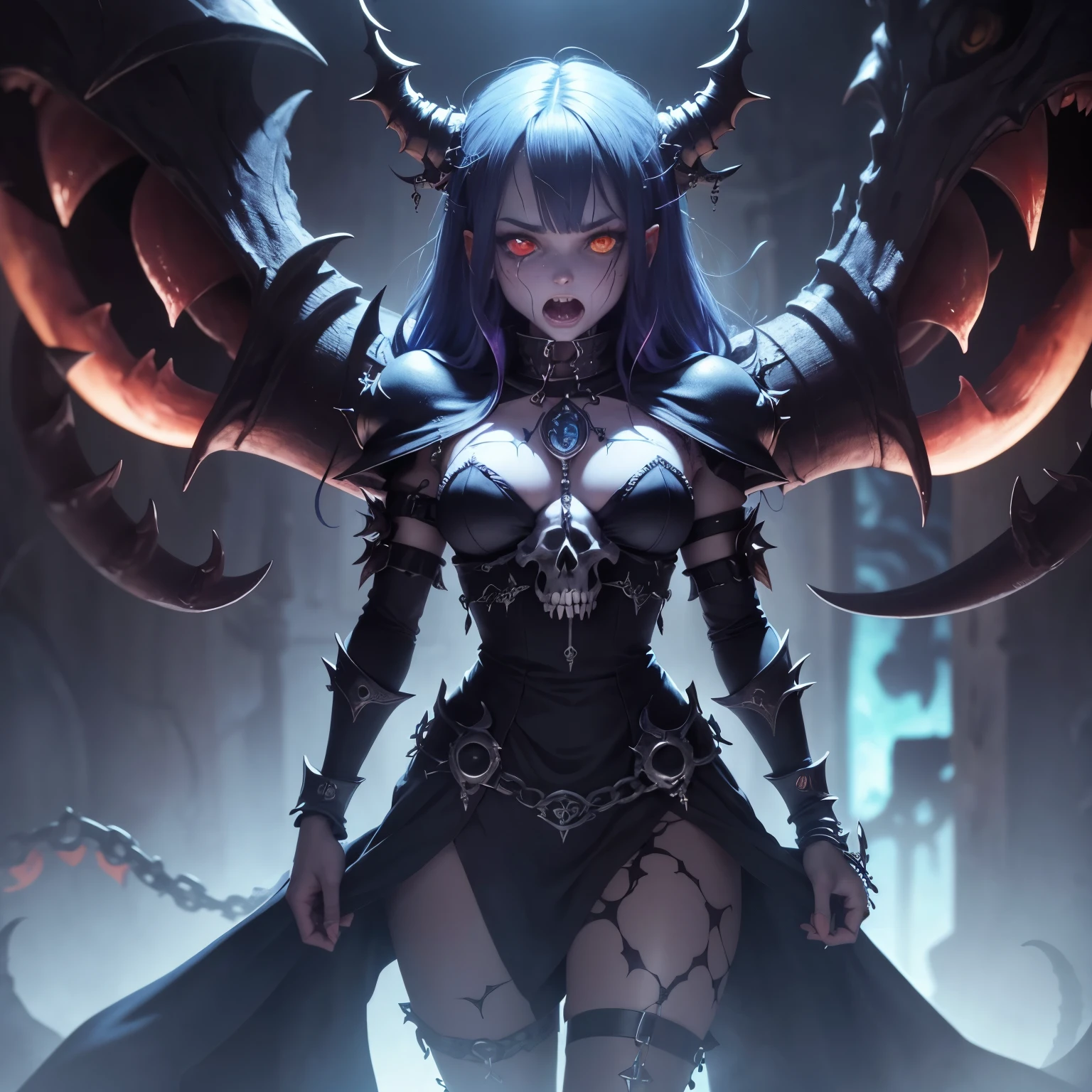 demonio, bestial skull, correntes ensanguentadas, preso, ossos Behemoth, manic eye aberration, membros suturados, tentacles, ossos, dentes, presas afiadas, acorrentado, expression of insanity, loucura, dungeon dungeon environment, 8k, qualidade ultra HD.