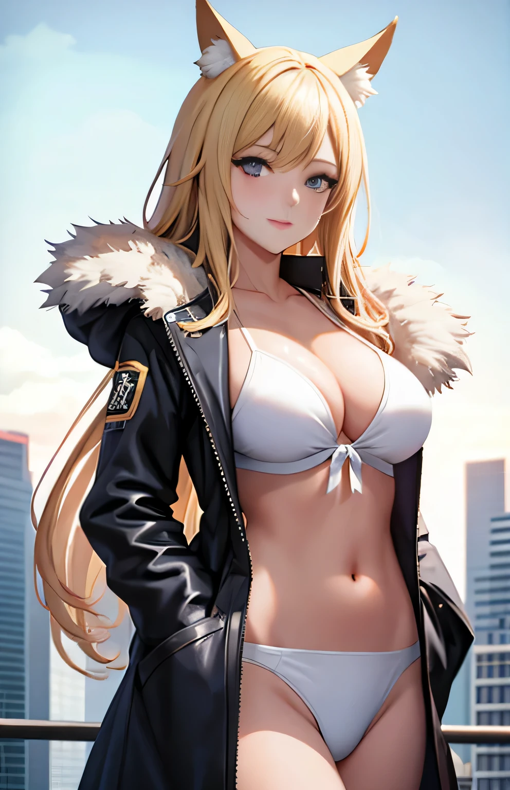 cuerpo completo, Mujer de estilo anime con bikini blanco y abrigo negro posando para una foto., seductora chica de anime, extremely detailed Artgerm, Modelo IG | Artgerm, Atractiva chica de anime, detailed Arte de anime digital, Anime CG arte suave, advanced Arte de anime digital, Arte de anime digital, Guweiz en Artstation Pixiv, Anime illustration, cabello largo y rubio, Orejas de zorro, muy detallado, Calcetines largos blancos,
