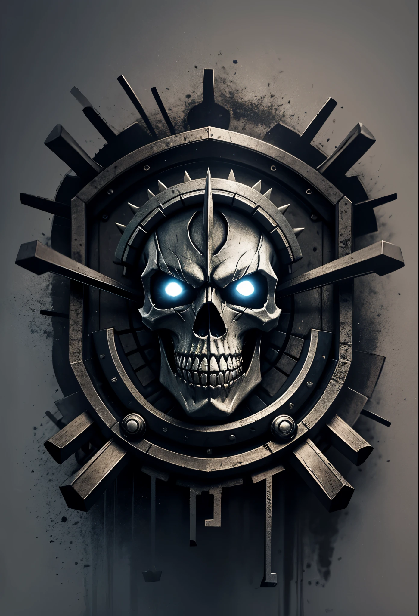 a close up of a joker with a shield and two swords, of spiked gears of war skulls, skull design for a rock band, heavy metal tshirt design, style of hydro74, heavy metal art style, skull paint, helghast, heavy metal artwork, skull image on the vest, hq artwork, gears of death, detailed digital artwork, fantasy skull