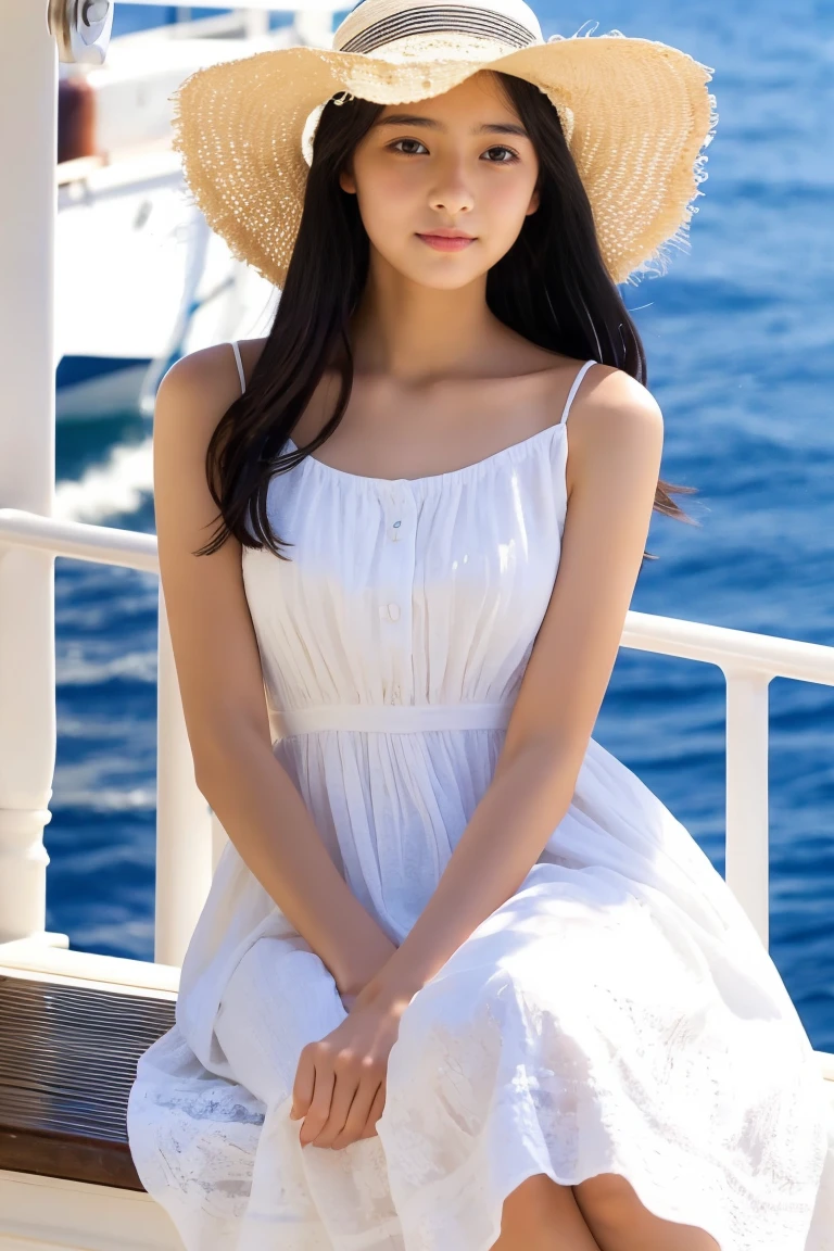 Beautiful girl in a white summer dress、ar old、japanes、Gazing at the sea from the deck of a ship、a straw fedora hat、Black hair straight long hair、Luxury liner、