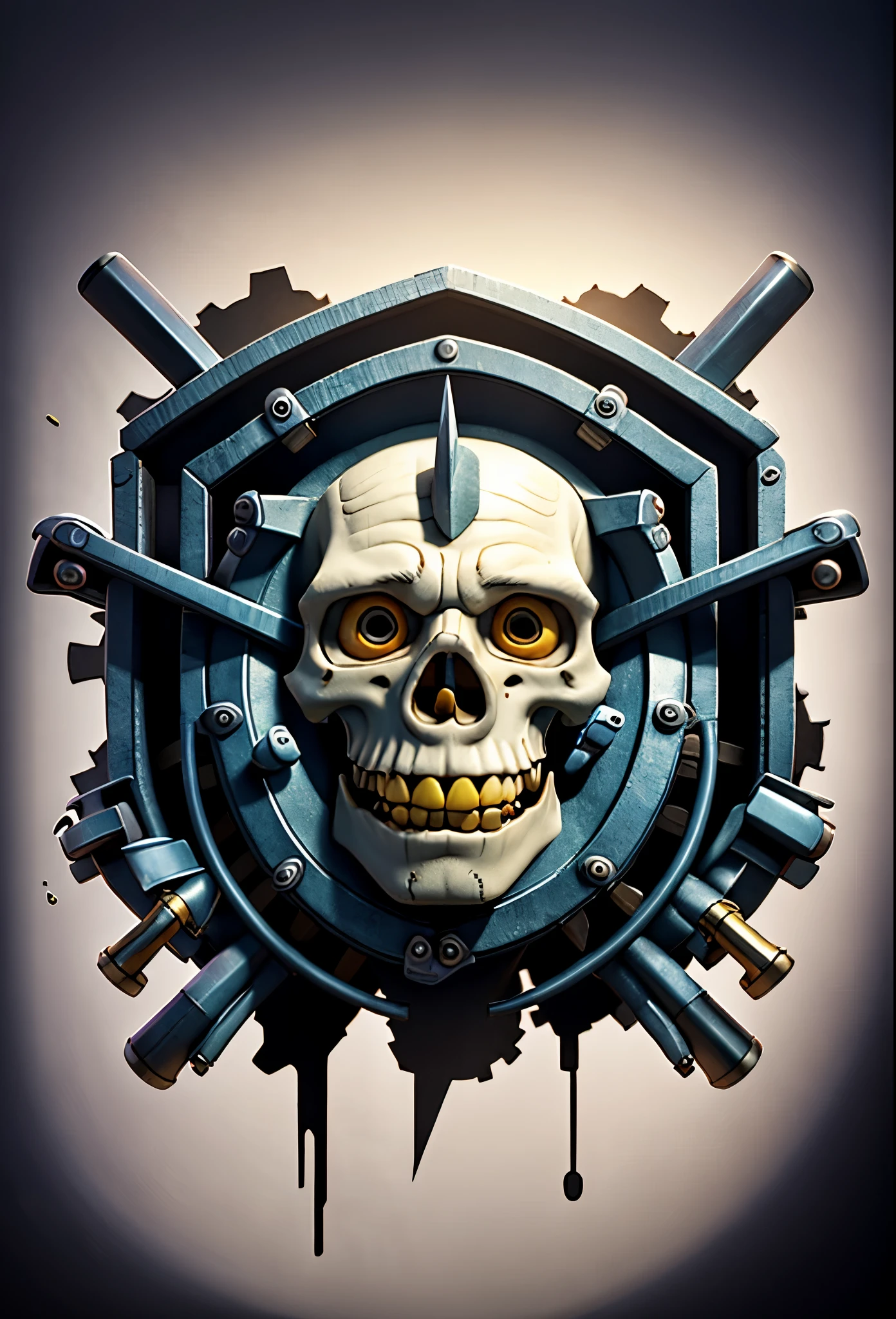 a close up of a joker with a shield and two swords, of spiked gears of war skulls, skull design for a rock band, heavy metal tshirt design, style of hydro74, heavy metal art style, skull paint, helghast, heavy metal artwork, skull image on the vest, hq artwork, gears of death, detailed digital artwork, fantasy skull