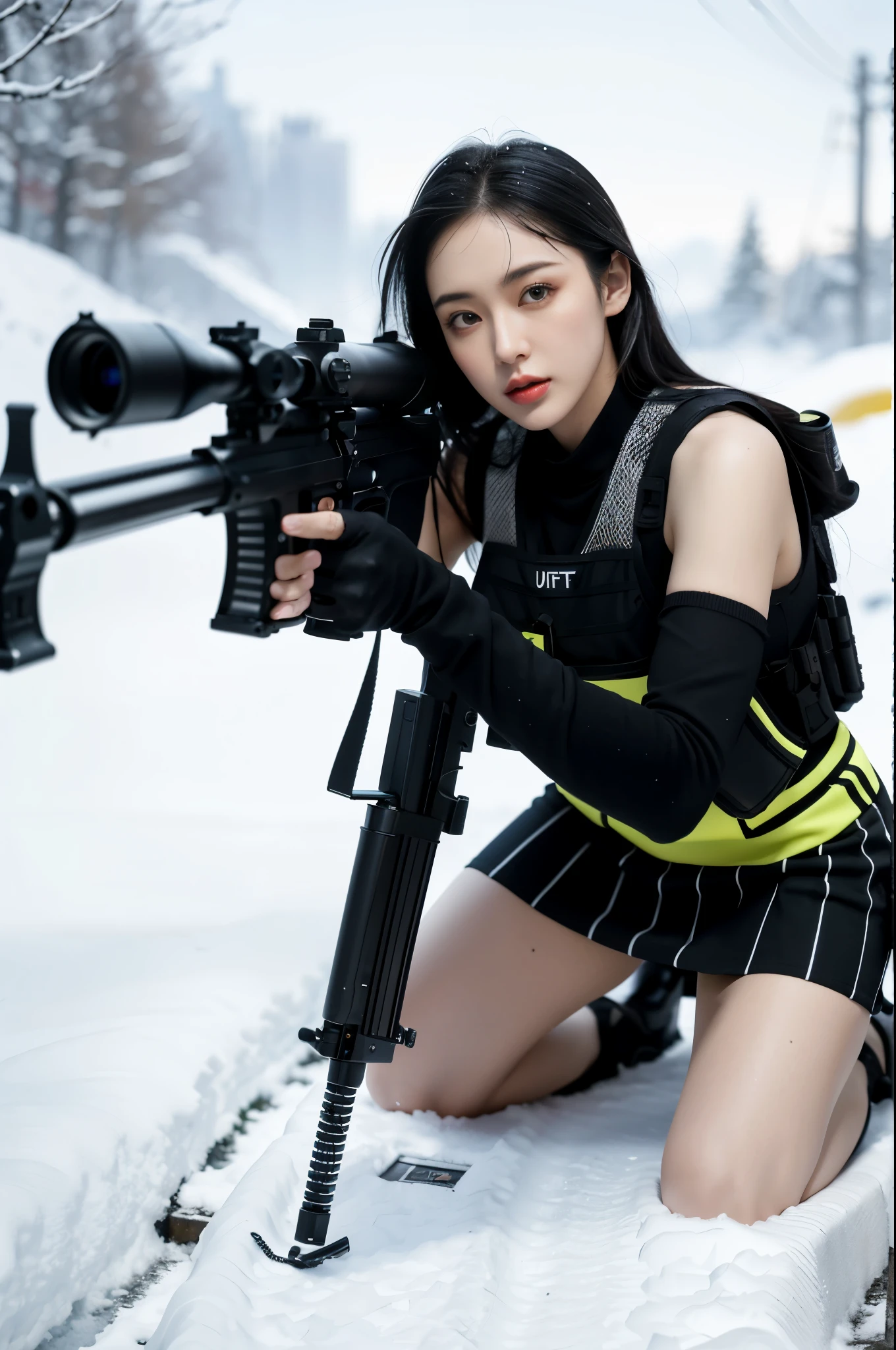 ((Best quality)), (Masterpiece), Photorealistic, Photorealism, A girl kneels and aims with an AK-47 assault rifle, Mini skirt, (upper legs), Photorealistic, high resolution,Snow background, looking to the camera, (Detailed face), Long black hair, SWAT vests, Gun, jewelry,Black gloves, Fingers are occluded
