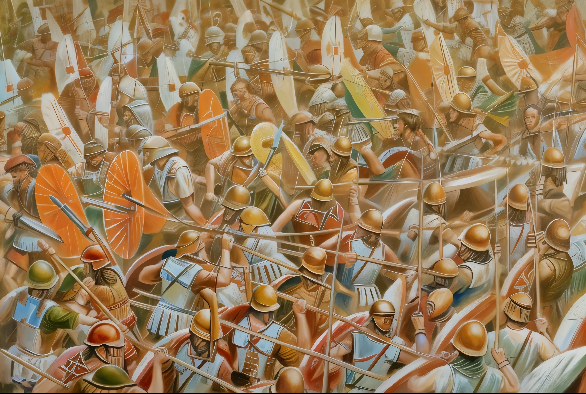 a painting of a large group of people standing around a boat, large scale battle, background of invading army, by Artur Tarnowski, in battle, by István Réti, battle scene, by Ivan Meštrović, ancient battlefield, leading spartans into battle, heroic battle scene, by Ivan Lacković Croata