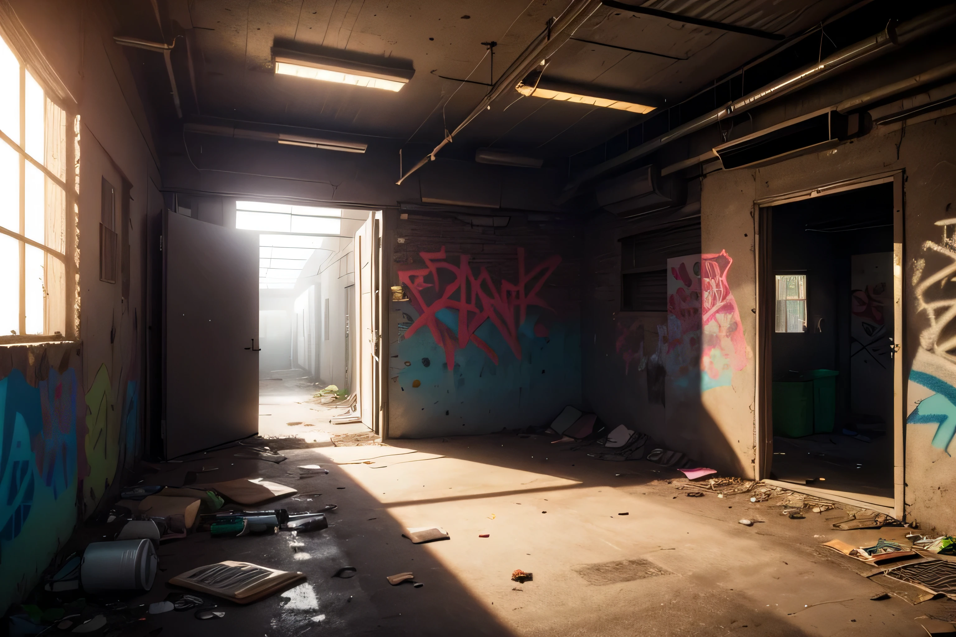 background image, Corner of a rundown warehouse, trash on floor. dark lighting, (((no windows))), no daylight, graffiti tags on wall. dingy, dank, basement