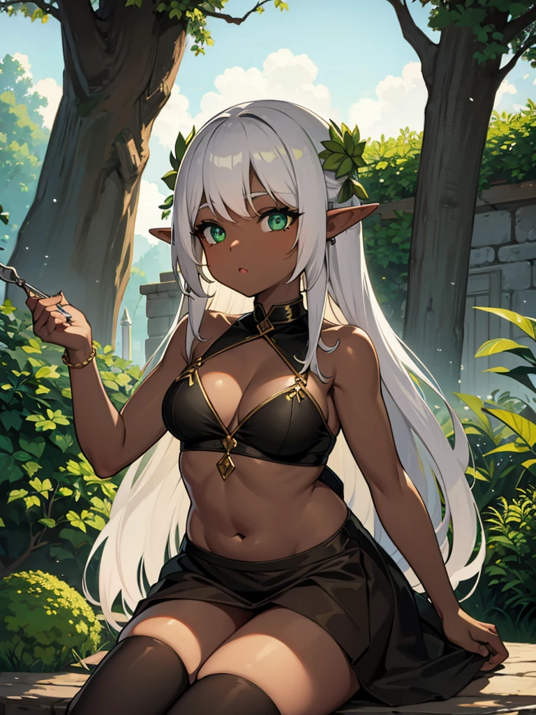 Elf Girl, Dark skin, chubby, green eyes, white hair