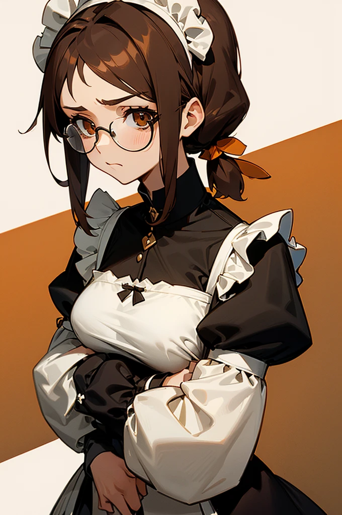 1girl, medium breast, medium-length brown hair, orange brown eyes, glasses, open forehead, black shirt, puffy sleeves, long sleeves, closed clothes, maid headdress, hands folded on the chest, disgust look