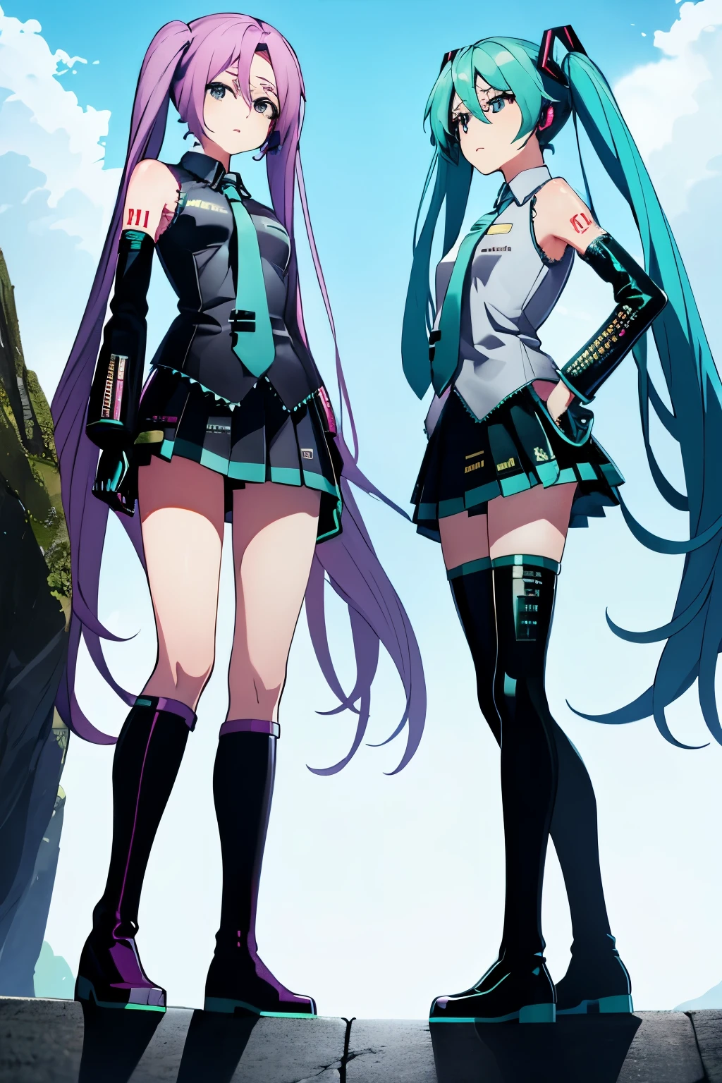 masutepiece, Best Quality, 1girl in, (Medusa),Purple hair, (black eyes:1.2),((Hatsune Miku's Costume))、((a miniskirt))、((embarassed expression))、((fullmoon))、((Photo from below))、((thigh high boots))、((Long))、((White Long Gloves))、