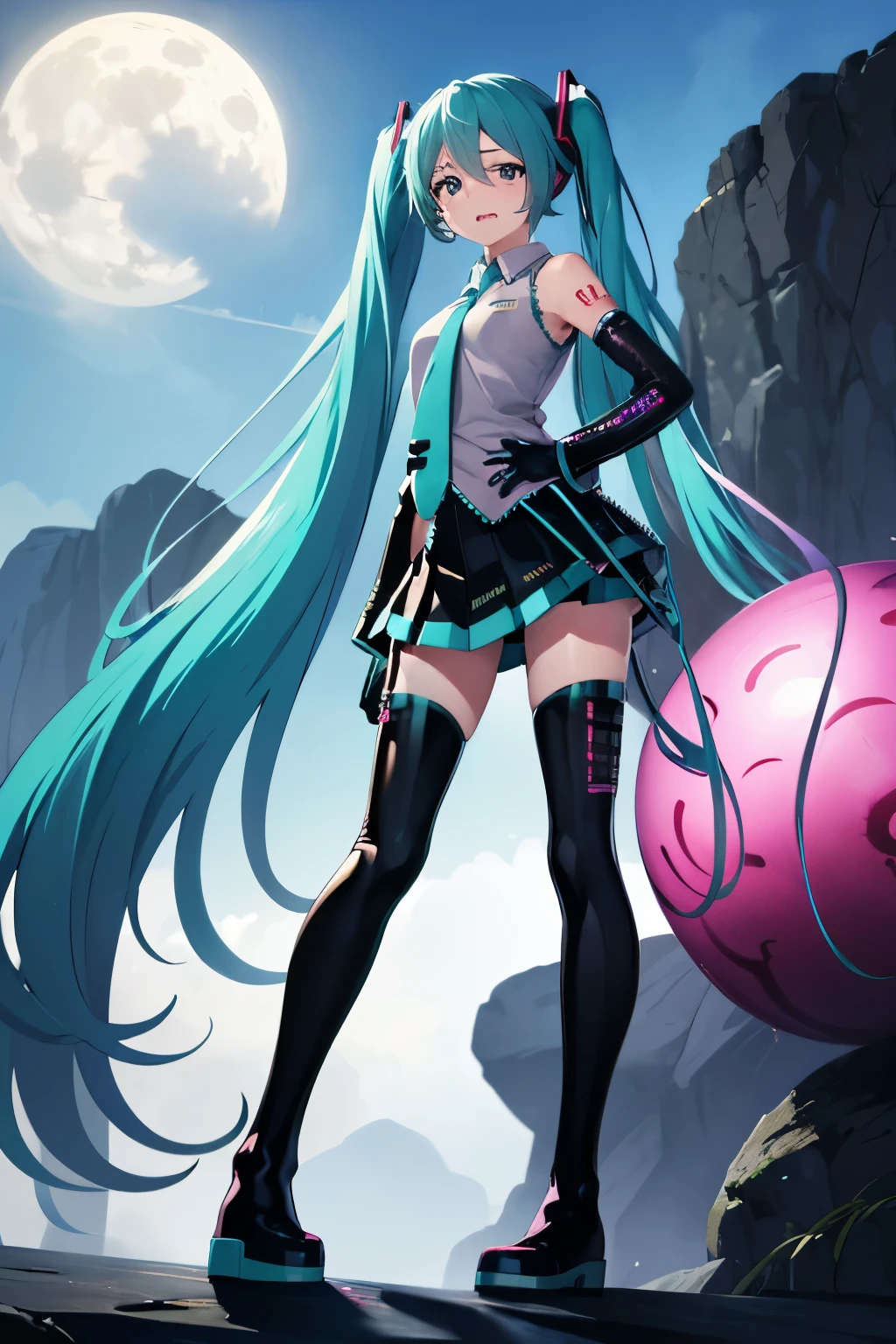 masutepiece, Best Quality, 1girl in, (Medusa),Purple hair, (black eyes:1.2),((Hatsune Miku's Costume))、((a miniskirt))、((embarassed expression))、((fullmoon))、((Photo from below))、((thigh high boots))、((Long))、((White Long Gloves))、