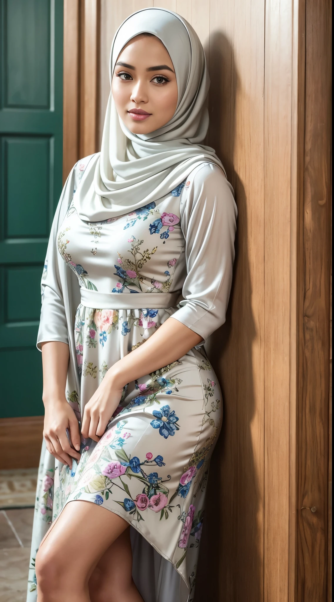 ( Close Up),RAW, Best quality, high resolution, masterpiece: 1.3), beautiful Malay woman in hijab,Masterpiece, perfect fit body, big breast,big gorgeous eyes, Soft smile,beutiful face,thick thighs, woman wearing a blue floral print dress and hijab, modest flowing gown, idian dress, beautiful silky dress, full covered dress, floral art novuea dress, royal gown, beautiful soft silky dress, very beautiful masterpiece, soft silk dress, blue silk dress, beautiful dress, royal dress, silk dress, elegant dark blue dress, royal brocade dress , (Delicate turtleneck) , shairband, afternoon walk, City garden, Excellent lighting, Bright colors, Clean lines,