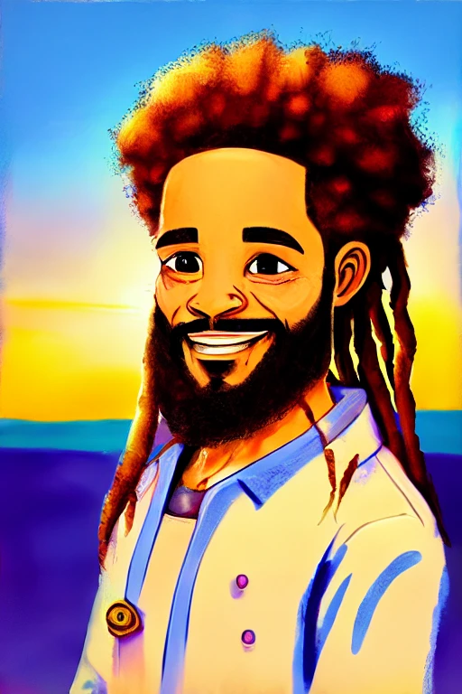 Qualidade de arte original, imagem de JESUS DEUS, ,negro Moreno mulato , corpo inteiro,cabelo afro jovem e bonito caindo para frente, Rasta, Disney character animation style, type but braided, JESUS DEUS, standing posture, hands naturally placed on both sides, olhando para frente, soft smiling expression, olhos cheios de luz, luz de fundo azul, translucid, com luz como tema, the focus of light is on the characters, the overall picture is fresh and bright.