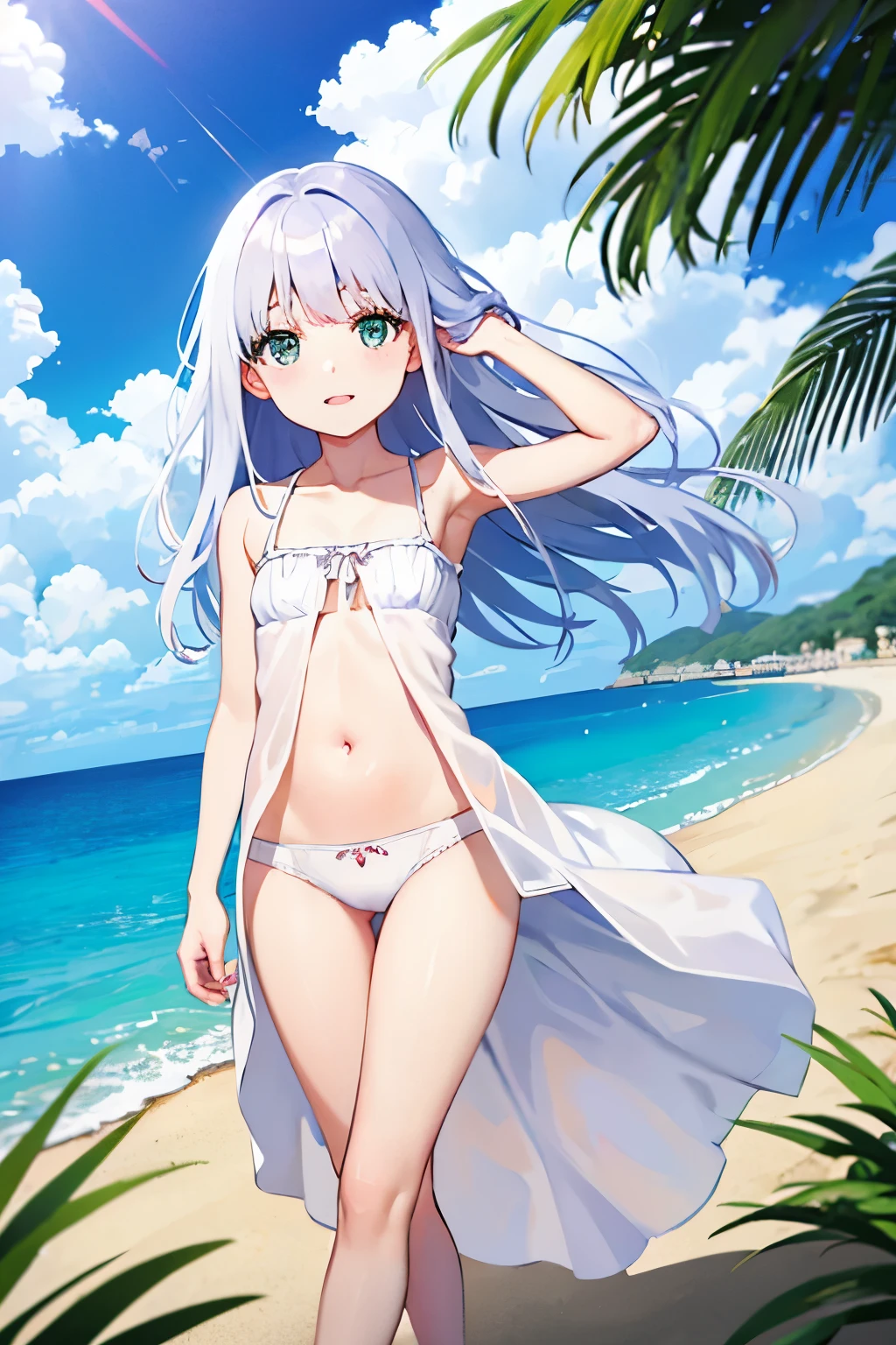 Cabello largo plateado, ojos verdes, sundress, white clothes, petite, sonrisa, neckline, abdomen lindo, muslos hermosos, white underwear, beach, sky blue