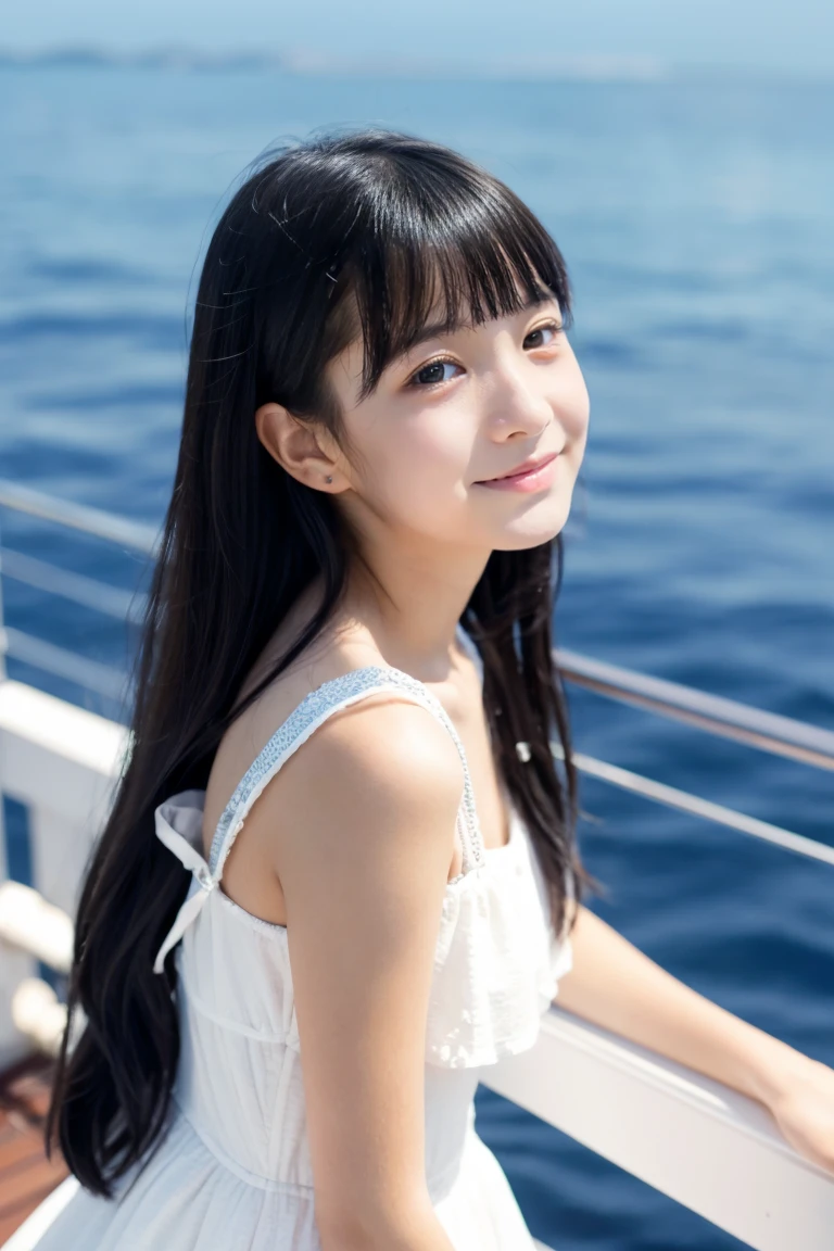 Beautiful girl in a white summer dress、ar old、japanes、Gazing at the sea from the deck of a ship、Black hair straight long hair、