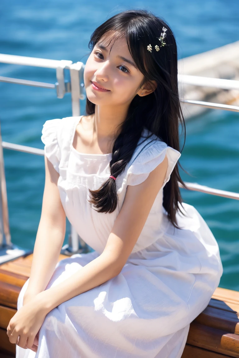 Beautiful girl in a white summer dress、12year old、japanes、Gazing at the sea from the deck of a ship、Black hair straight long hair、