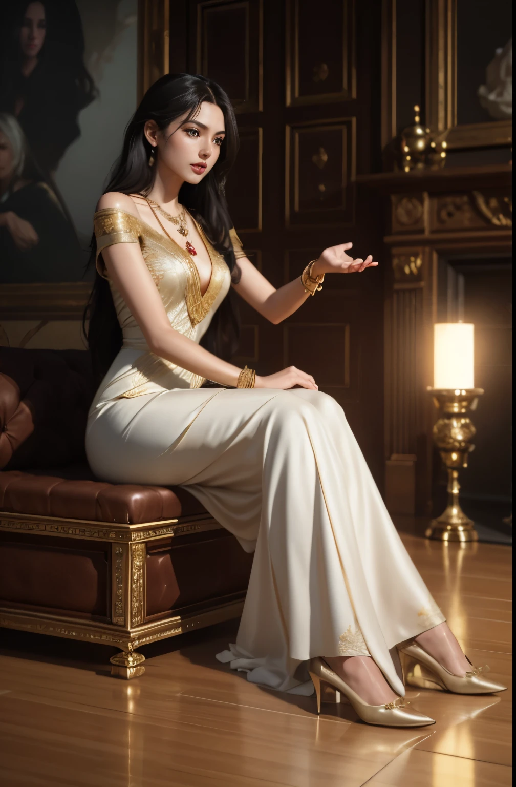 high quality, 8K Ultra HD, highly detailed, masterpiece, super realistic, full body, Beautiful woman, large and bright eyes, well-balanced face, faint smile, soft shading expresses beautiful skin texture, silk material, elegant dress, Graceful curve from ankle to toe, leather pumps, light reflection on the floor, ornate embroidery and embellishments, an elegant necklace, thin bracelets on the wrist, rich and lustrous hair, three dimensional effect, Albert Anker, Feeling like John Howe, Greg Rutkowski, Artgerm, WLOP, Alphonse Beeple, luminism, 3d render, octane render, Isometric, by yukisakura, awesome full color,