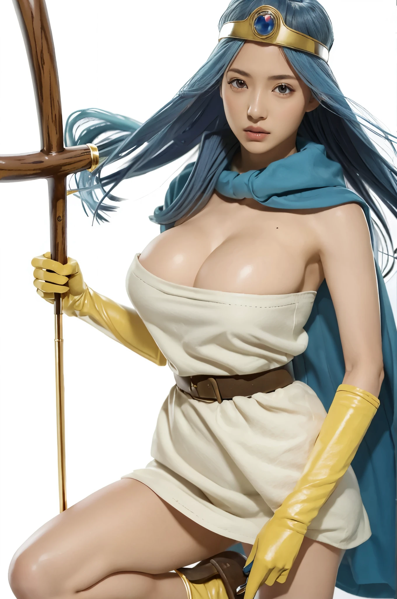 masutepiece, Best Quality, Ultra-detailed, Live-action adaptation, sage_(DQ3), 1girl in, (holding A staff, A staff:1.3), Solo, Long hair, Blue hair, circlet, Red Eyes, Large breasts, yellow gloves, White Dress, Belt bag, Cape, long boots, cleavage, Bare shoulders, Underwear, Full body, tussock, wind lift,  Background, white Background、