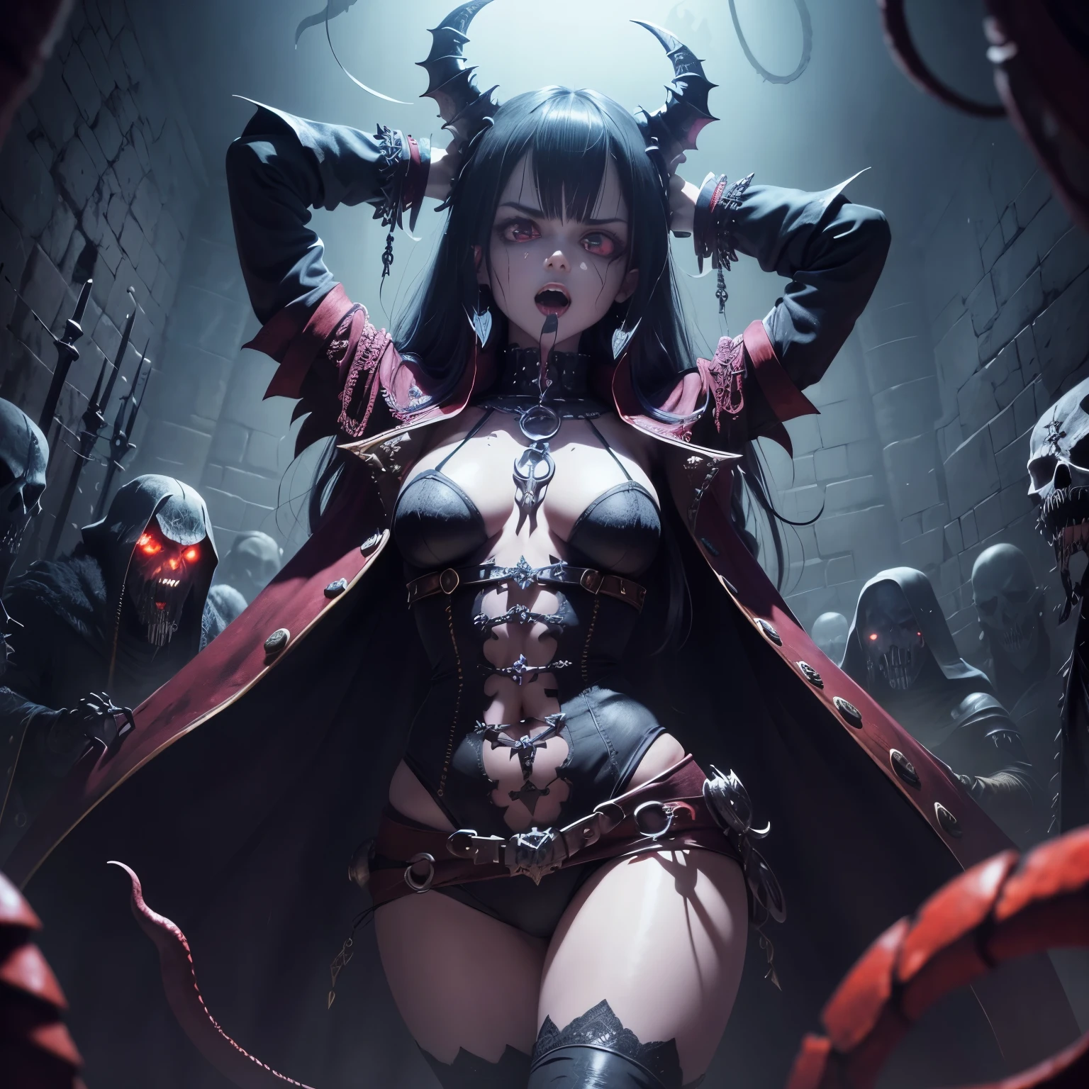 demonio, bestial skull, correntes ensanguentadas, preso, ossos Behemoth, manic eye aberration, membros suturados, tentacles, ossos, dentes, presas afiadas, acorrentado, expression of insanity, loucura, dungeon dungeon environment, 8k, qualidade ultra HD.